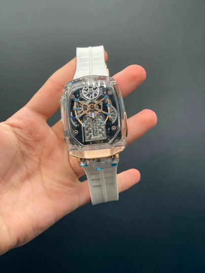 Jacob White Strap With Transparent Engine Dial Automatic Watch