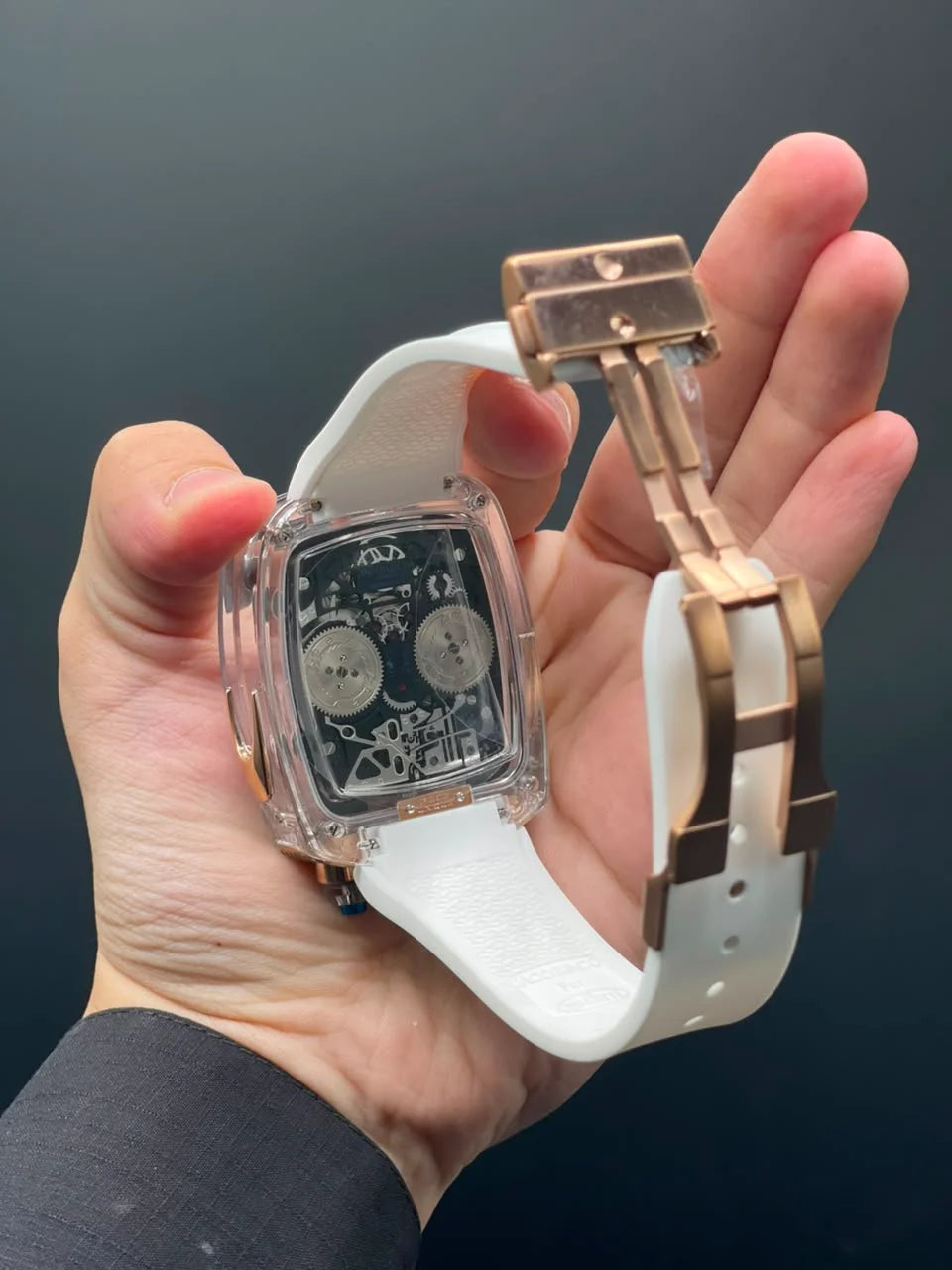 Jacob White Strap With Transparent Engine Dial Automatic Watch