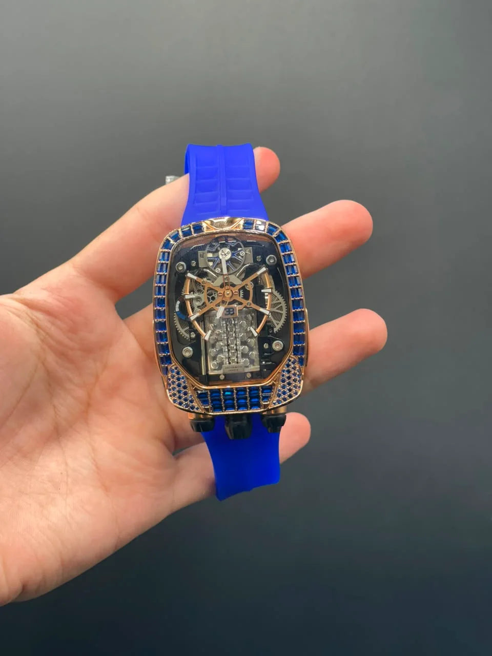 Jacob Blue Strap With Engine Dial With Blue Diamond Bezel Automatic Watch