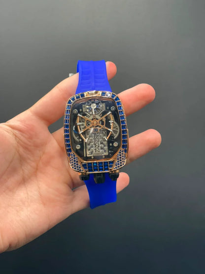 Jacob Blue Strap With Engine Dial With Blue Diamond Bezel Automatic Watch