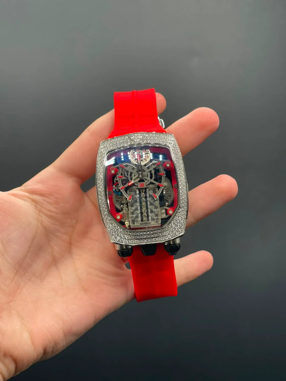 Jacob Red Strap With Engine Dial With Diamond Bezel Automatic Watch