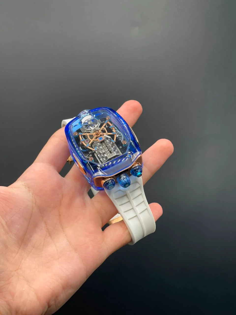 Jacob White Strap With Engine Dial With Blue Bezel Automatic Watch