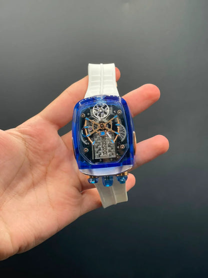 Jacob White Strap With Engine Dial With Blue Bezel Automatic Watch
