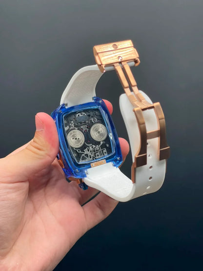 Jacob White Strap With Engine Dial With Blue Bezel Automatic Watch