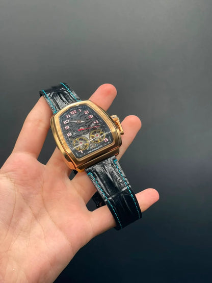 Jacob Black Leather Strap With Double Tourbillon Dial Automatic Watch