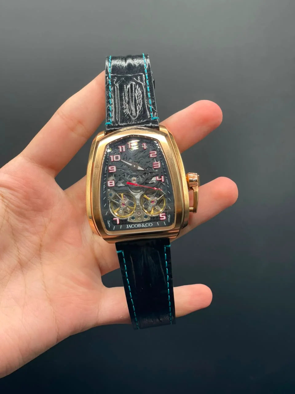 Jacob Black Leather Strap With Double Tourbillon Dial Automatic Watch