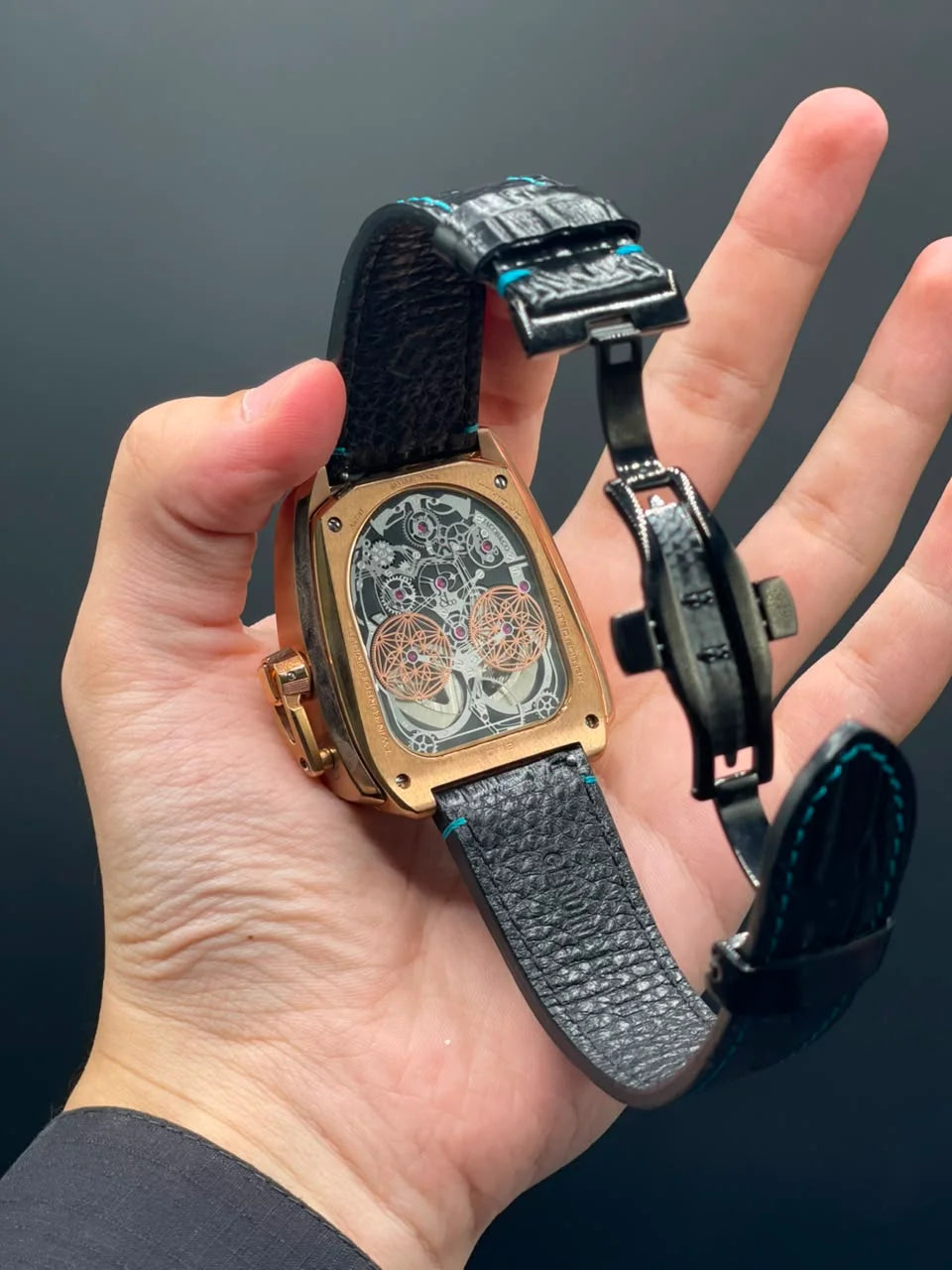 Jacob Black Leather Strap With Double Tourbillon Dial Automatic Watch