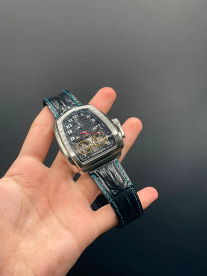 Jacob Black Leather Strap With Double Tourbillon Dial With Silver Bezel Automatic Watch