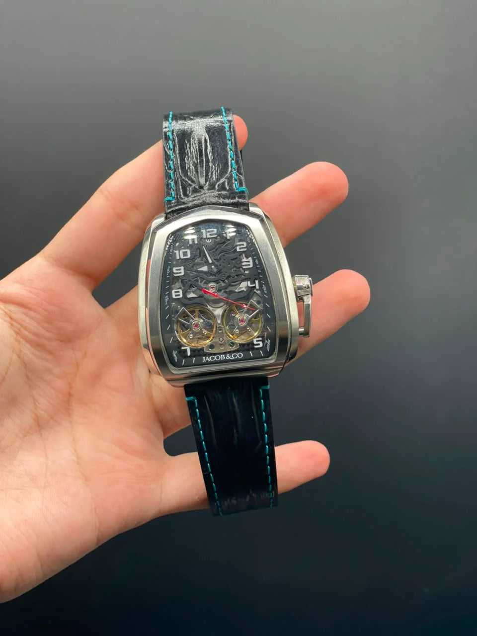 Jacob Black Leather Strap With Double Tourbillon Dial With Silver Bezel Automatic Watch