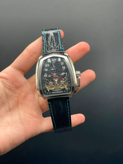 Jacob Black Leather Strap With Double Tourbillon Dial With Silver Bezel Automatic Watch