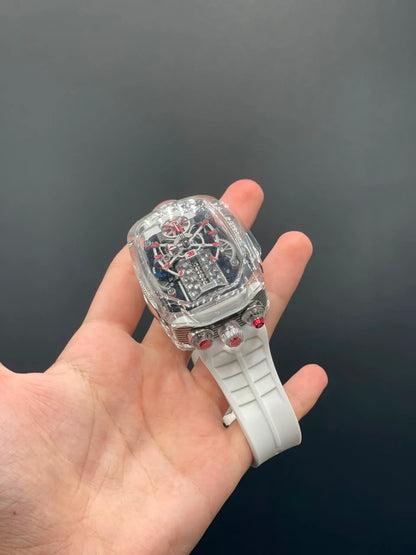 Jacob White Strap With Red Transparent Engine Dial Automatic Watch