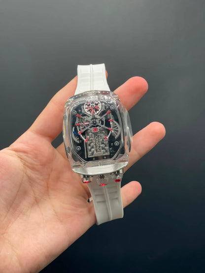 Jacob White Strap With Red Transparent Engine Dial Automatic Watch