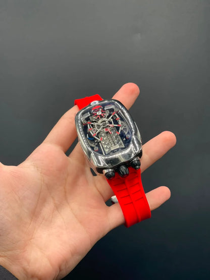 Jacob Red Strap With Engine Dial With Silver Bezel Automatic Watch