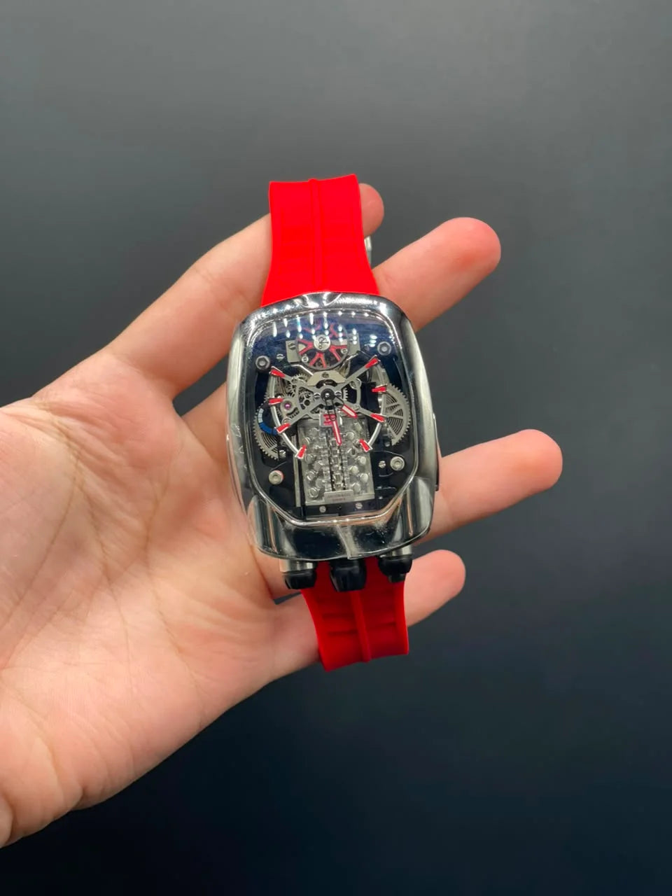 Jacob Red Strap With Engine Dial With Silver Bezel Automatic Watch