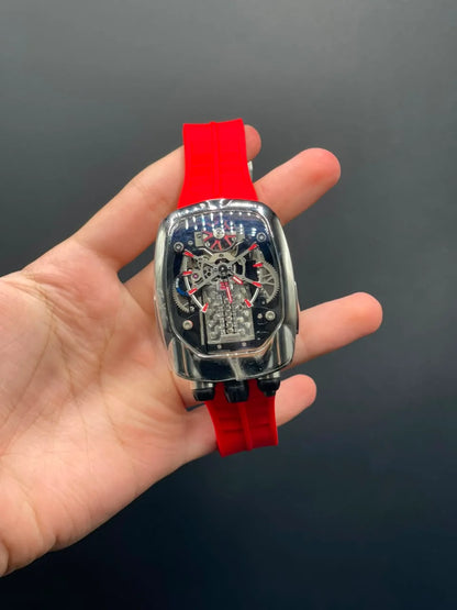 Jacob Red Strap With Engine Dial With Silver Bezel Automatic Watch