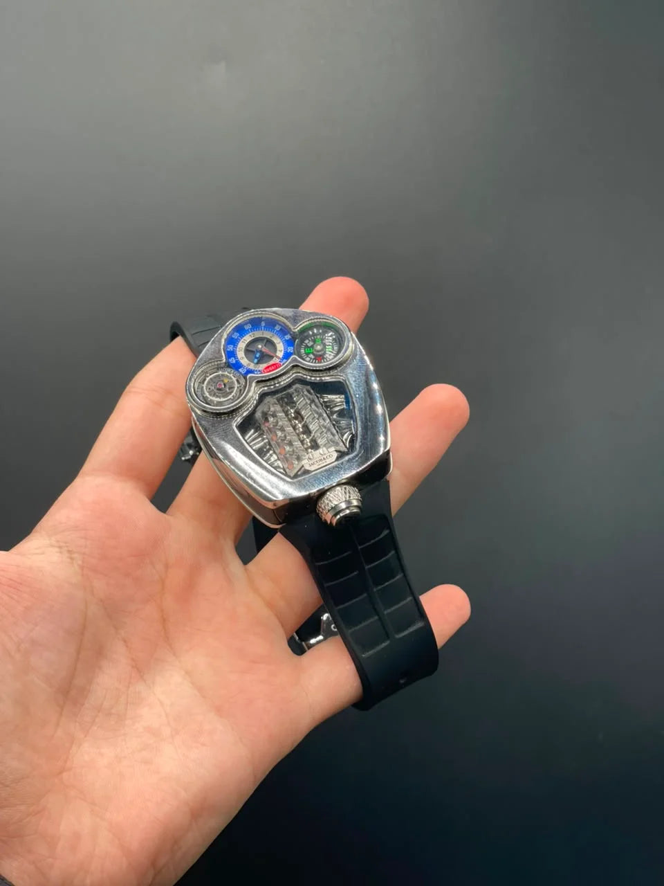 Jacob Black Strap With Engine Dial And Silver Bezel Automatic Watch