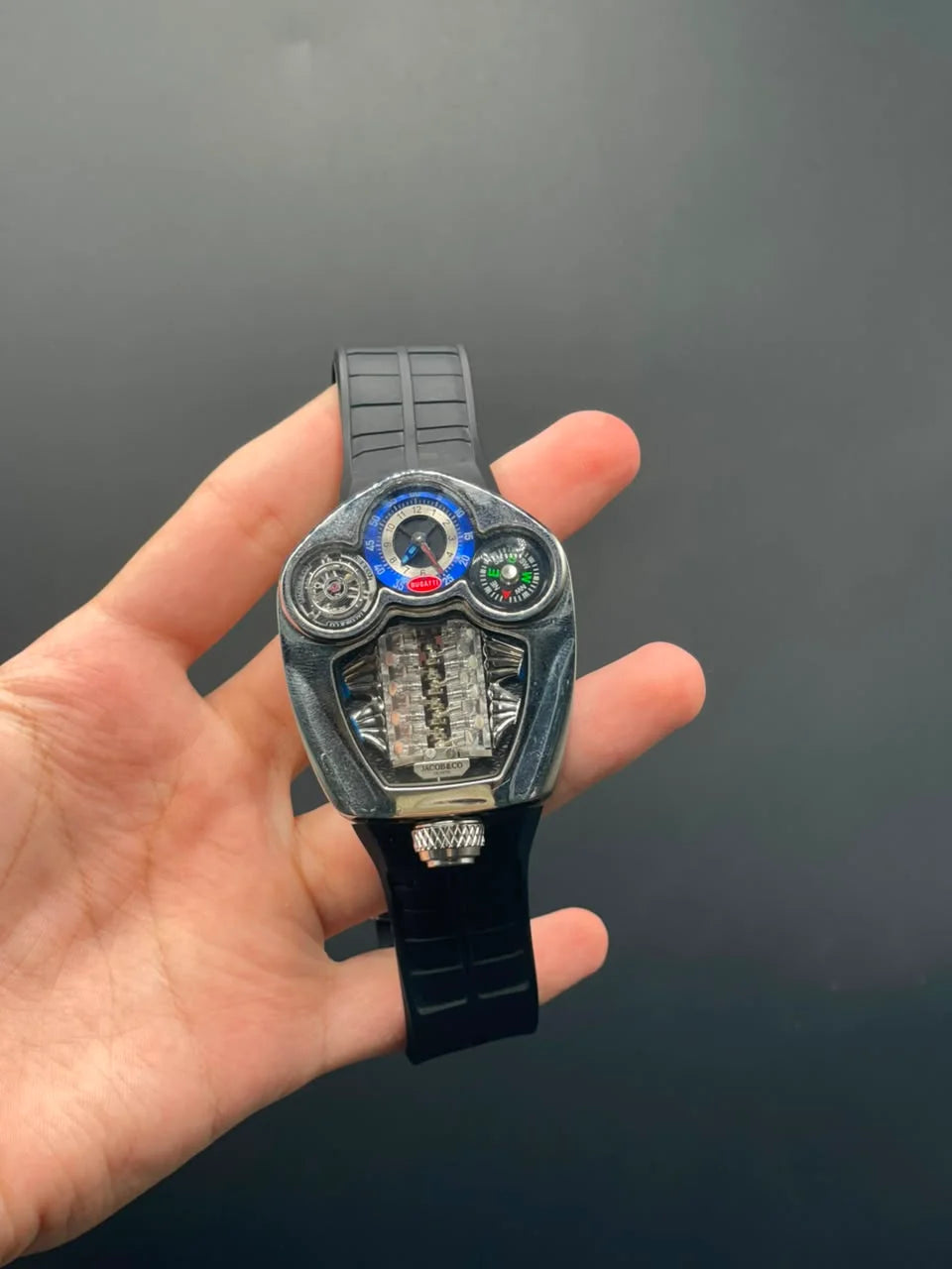 Jacob Black Strap With Engine Dial And Silver Bezel Automatic Watch