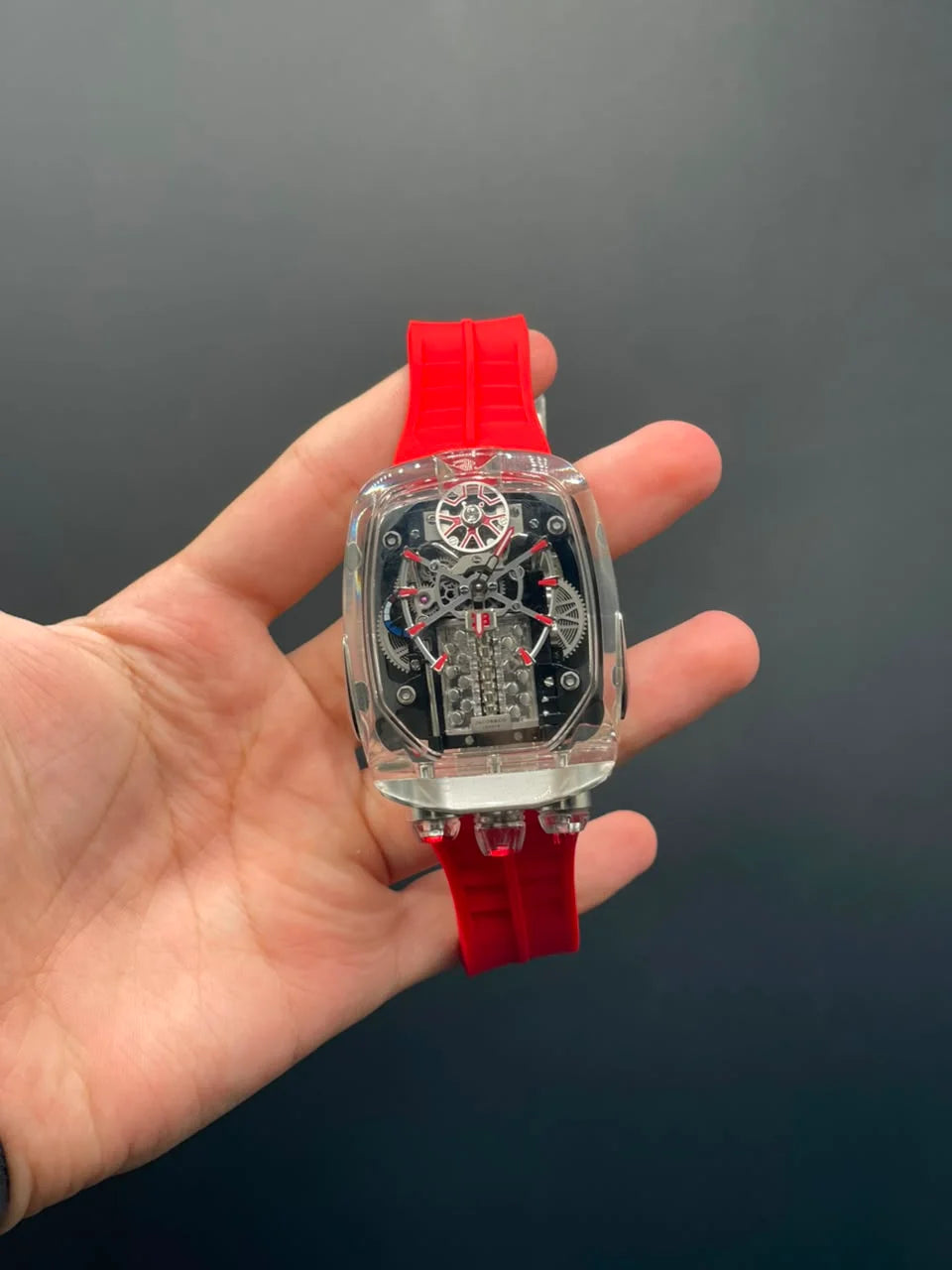 Jacob Red Strap With Fully Transparent Engine Dial Automatic Watch