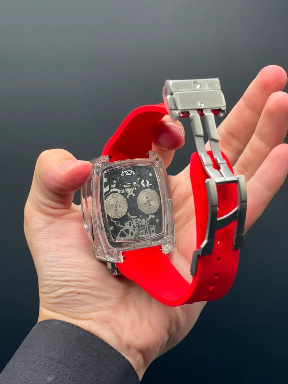 Jacob Red Strap With Fully Transparent Engine Dial Automatic Watch