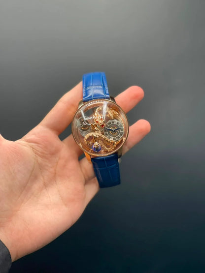 Jacob Blue Strap With Rose Gold Dragon Dial Quartz Watch