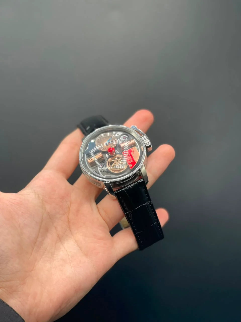 Jacob Black Strap With Red Music Box Dial Automatic Watch