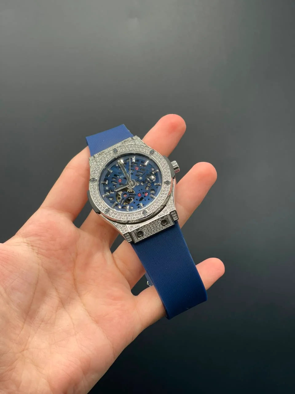 HB Blue Rubber Strap With Blue Textured Dial With Diamond Bezel Automatic Watch