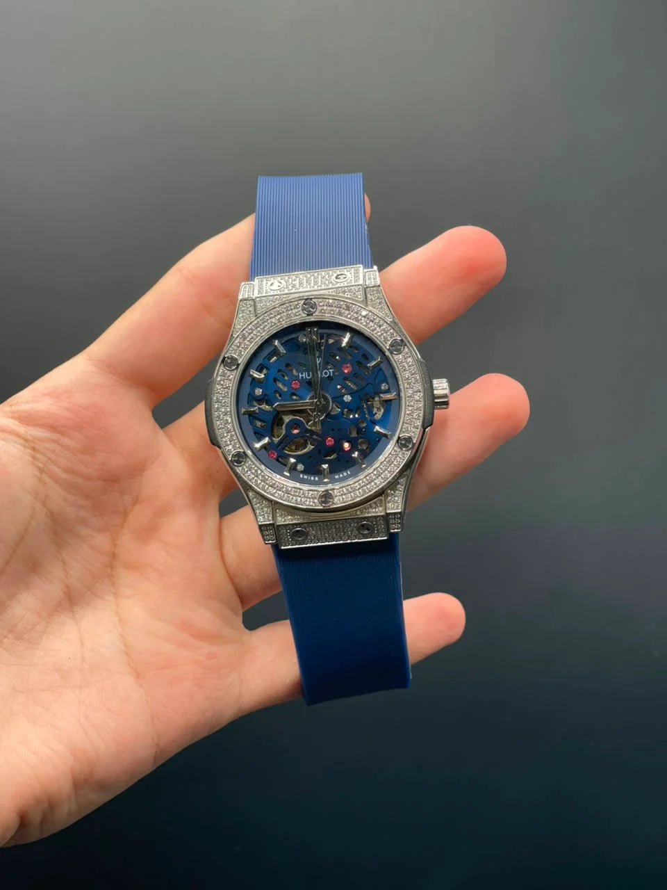 HB Blue Rubber Strap With Blue Textured Dial With Diamond Bezel Automatic Watch