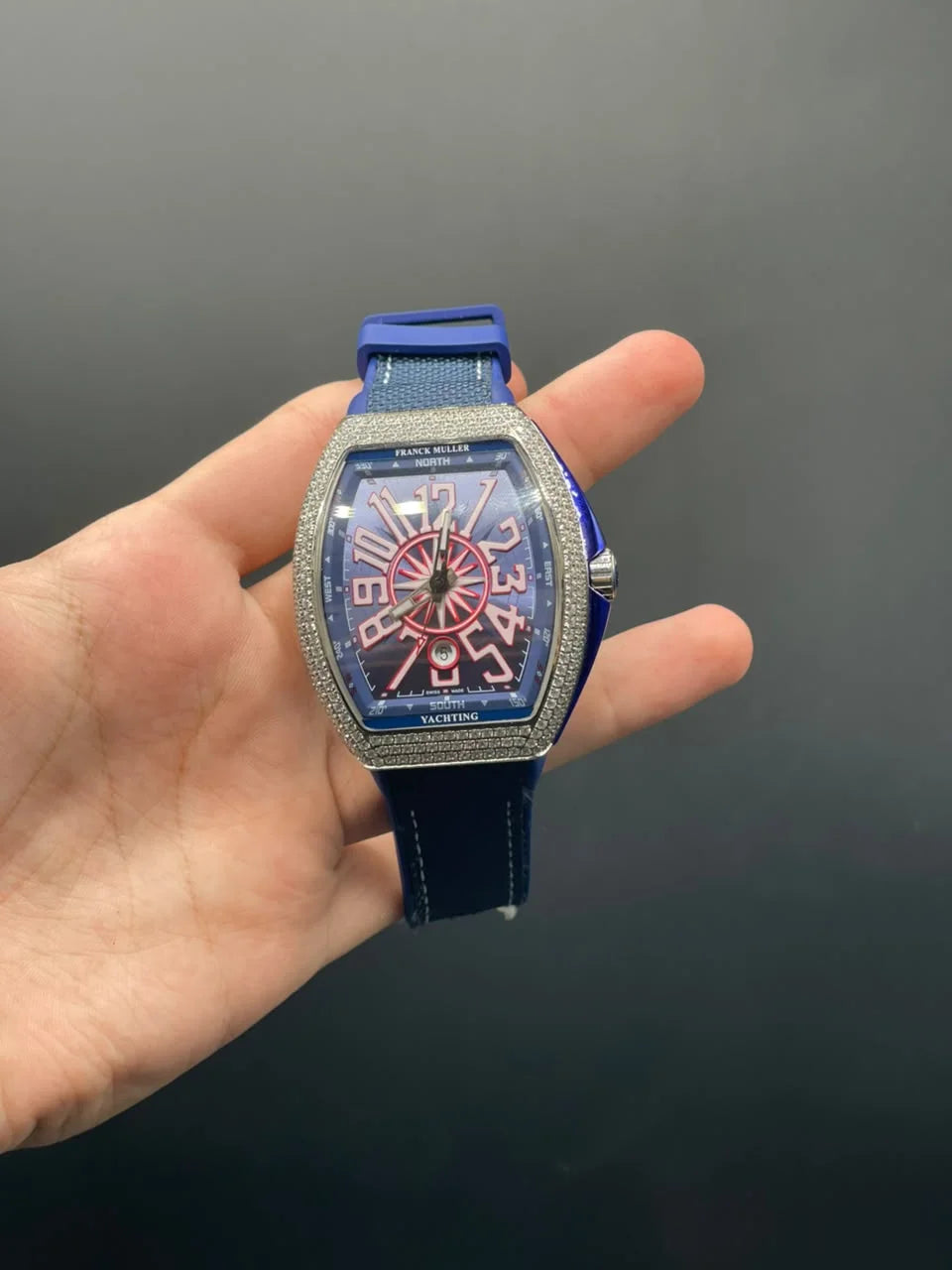 FM Blue Strap With Blue And Red Dial And Diamond Bezel Automatic Watch