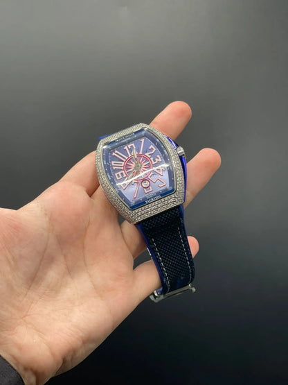 FM Blue Strap With Blue And Red Dial And Diamond Bezel Automatic Watch