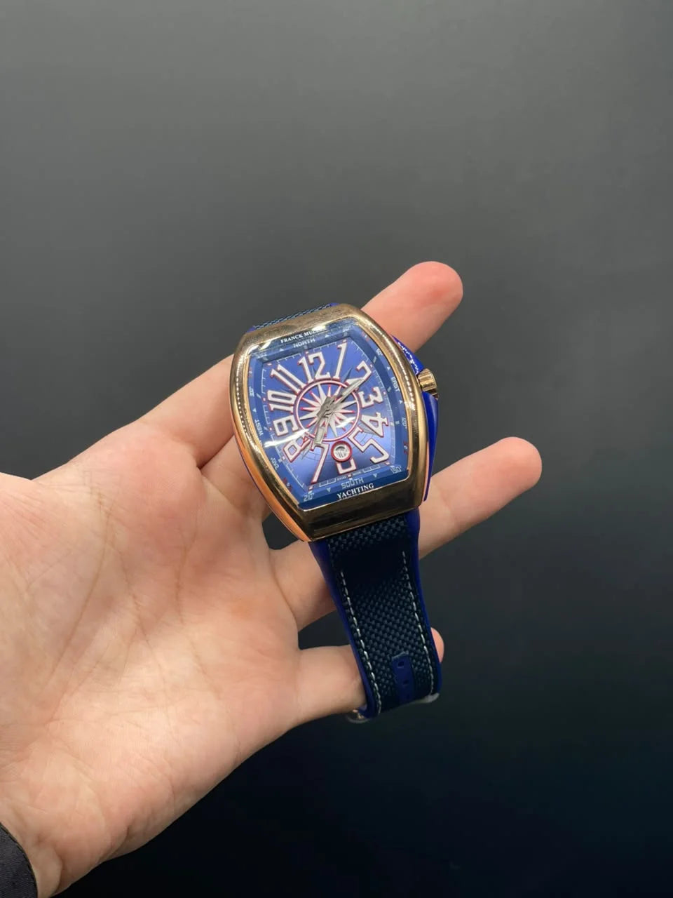 FM Blue Strap With Blue And Red Dial And Copper Bezel Automatic Watch