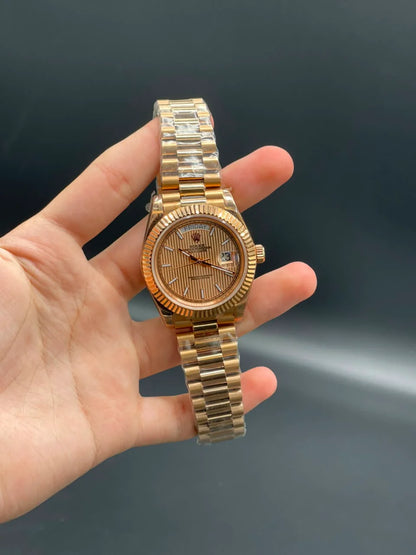 Rlx Rose Gold Presidential Chain With Salmon Textured Day-Date Dial Automatic Watch