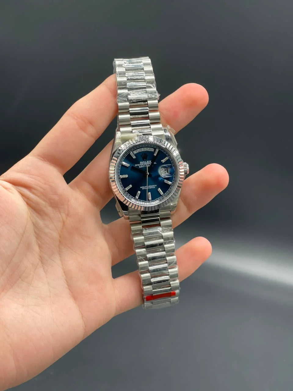Rlx Silver Presidential Chain With Blue Day-Date Dial Automatic Watch