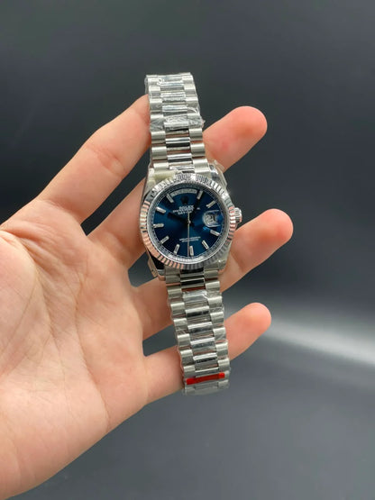 Rlx Silver Presidential Chain With Blue Day-Date Dial Automatic Watch