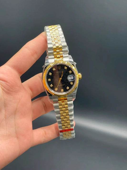 Rlx Two Tone Jubilee Chain With 36mm Black Date-Just Textured Dial Automatic Watch