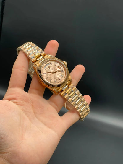 Rlx Rose Gold Presidential Chain With Salmon Textured Day-Date Dial Automatic Watch