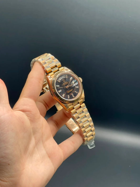 Rlx Rose Gold Presidential Chain With Black Textured Day-Date Dial Automatic Watch