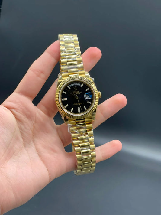 Rlx Golden Presidential Chain With Black Day-Date Dial Automatic Watch