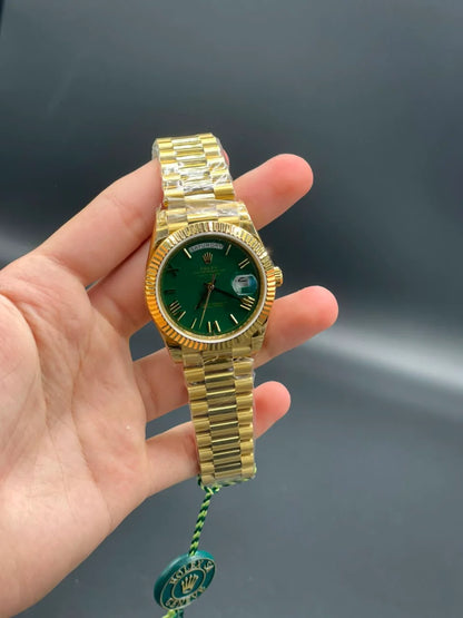 Rlx Golden Presidential Chain With Money Green Day-Date Dial Automatic Watch