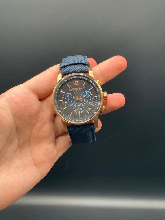 AP Style Blue Strap with Blue Chronograph Dial and Golden Bezel Automatic Watch
