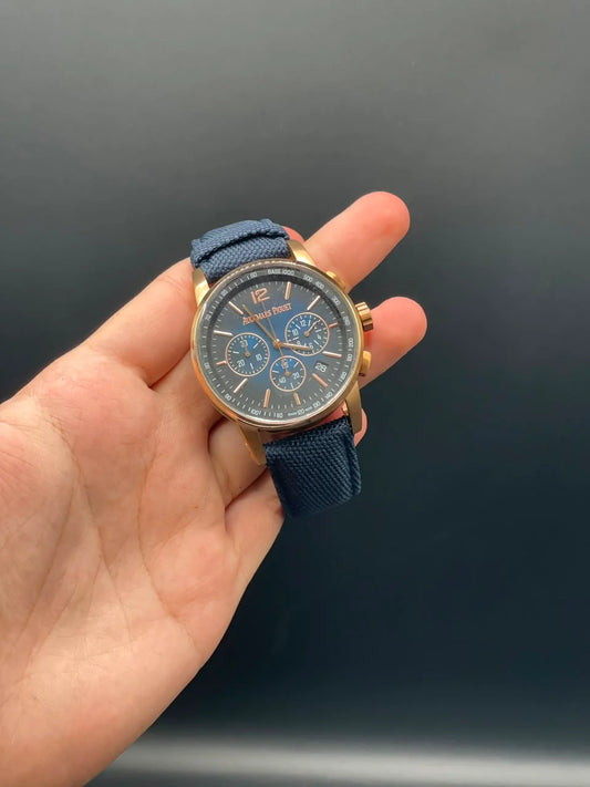 AP Style Blue Strap with Blue Chronograph Dial and Golden Bezel Automatic Watch